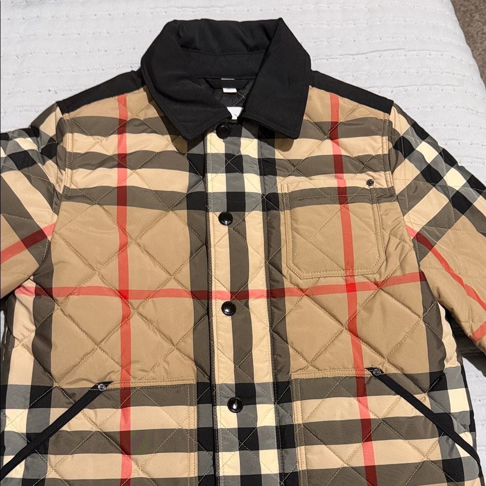 Burberry Boys Quilted Plaid Jacket - Black, Tan, and Red